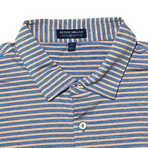 Peter Millar Crown Crafted Mens Blue Orange Striped Performance Golf Polo Size L